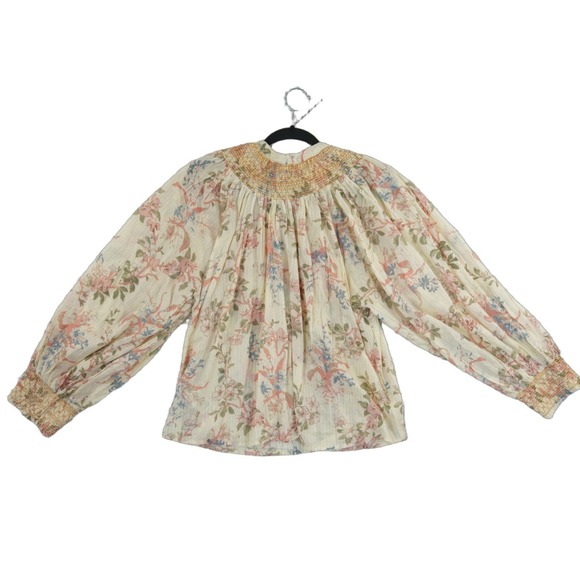 Anthropologie Blouse Women's Size Large Floral Smocked Lurex Peasant Top - Picture 3 of 7